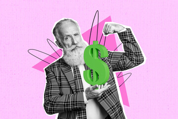 Creative collage picture elder man retired grandfather money dollar sign economy finance show power...