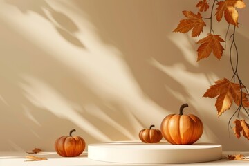 Product podium with autumn leaves with pumpkins and shadows on beige background. Podium with copy space for design, cosmetic and product, presentation. Fall, thanksgiving day and halloween concept