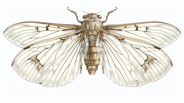 Cicada Wings. Hand-drawn Insect Wings in Macro Close-up Isolated on White Background