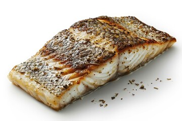 Close-up of a grilled seasoned fish fillet on white background. Perfect for culinary and food industry use.