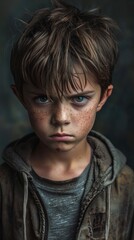 A sad, young boy with freckles and dark eyes wears a muddy hoodie, looking troubled in front of a dark wall, evoking a feeling of despair.