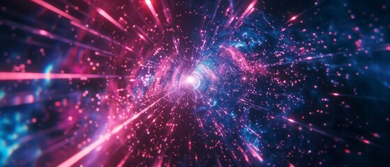 Naklejka premium A digital tunnel with neon lights of pink, blue, purple colors creates a bright, mysterious atmosphere. Laser-like beams converge in the center, giving dynamism and radiance. 