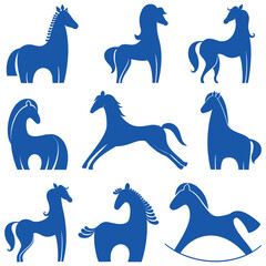 Set of blue horses icon isolated on white background. Happy new year 2026! Year of horse. Symbol of Chinese New Year. 2026 horse symbol of the new year, banner, poster, card template, Vector