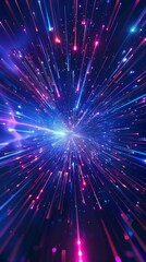 Obraz premium Abstract neon-lit tunnel with glowing particles, resembling stars in the night sky. Bright white light at the center creates futuristic, mysterious vibe.