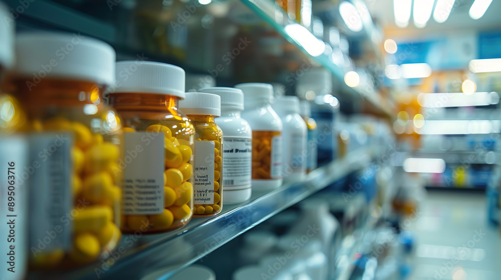 Wall mural Blurry Medicine Bottles and Vitamins on Display Shelves