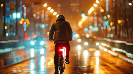 A man on a bike, clad in black, rides through a dimly lit city at night. The wet street reflects sparse lighting, enhancing the sense of solitude and isolation in the urban setting.