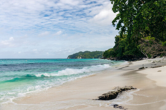 Beautiful white sand beach beach named Pantai Kelapa Lima (5 coconuts) along the coast of Central Sulawesi, Indonesia; Kelapa Lima, Banggai Laut, Central Sulawesi, Indonesia