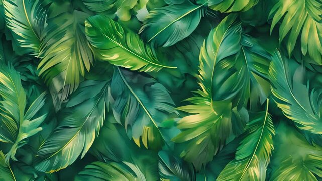 A repeating pattern of feathers with a watercolor effect blending hues of green and blue to evoke a sense of nature and fluidity.