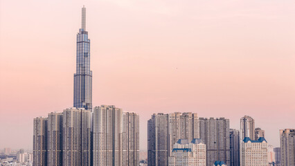 Landmark 81, a supertall skyscraper in a pink twilight sky in Ho Chi Minh City; Ho Chi Minh City, Vietnam