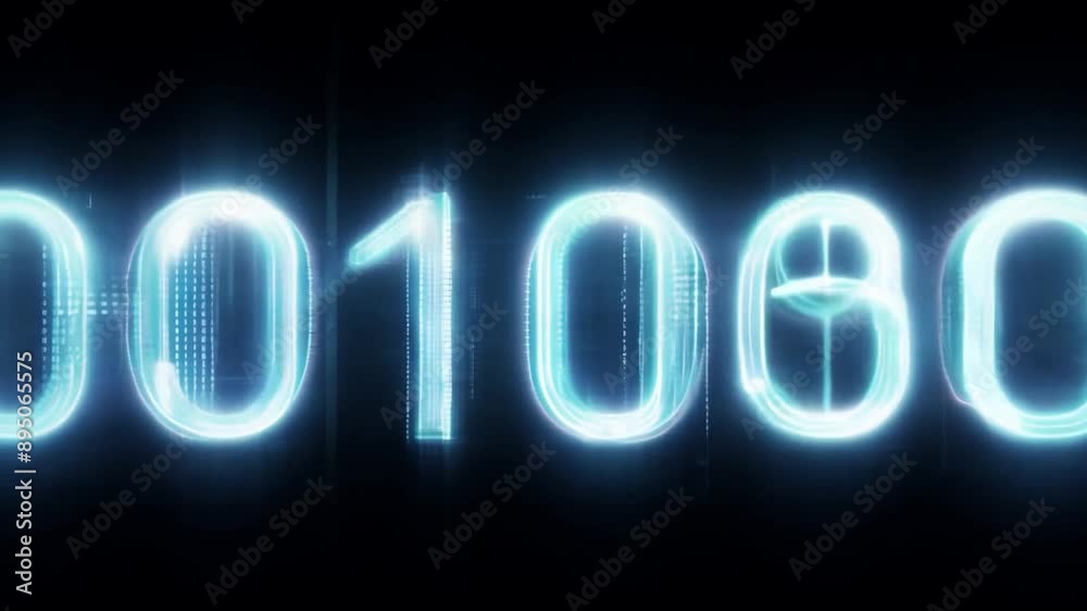 Poster A digital interface with glowing blue lines, binary code, and geometric shapes, set against a dark background.