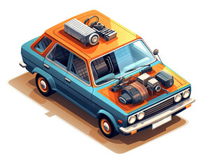 Isometric sports car with powerful engine. Motor sport icon isolated.