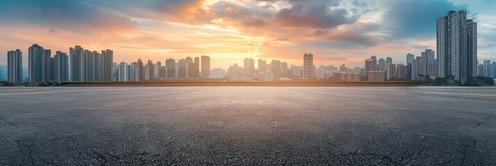 Fototapeta premium Empty Driveway. Panoramic Sunrise View of City Skyline with Asphalt Road and Skyline