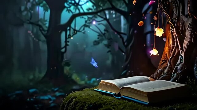 Magic book with opened pages in a fairy forest, nature, slow motion cinematic video loop