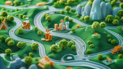 symbolic image of a budget roadmap, with various financial landmarks along a winding path on a lush green landscape