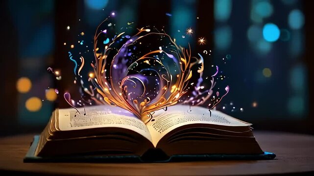 Magic book with magic particles on it, open pages, cinematic slow motion animated video loop