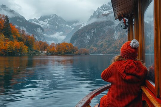 Title: Red Wooden Cruise Ship on Blue Lake Humb KWG with Autumn Mountains, Asian Woman Taking Photos from Window, Real Photography with Natural Light, High Resolution

