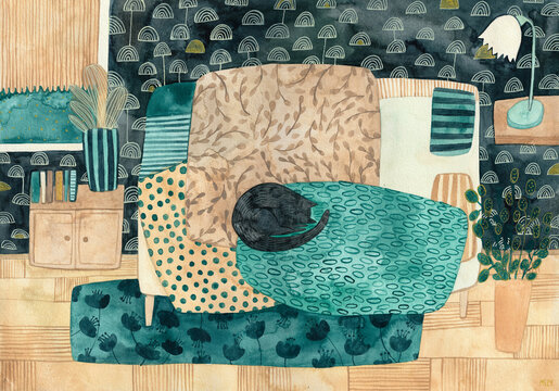 Watercolor painting of a car sleeping on top of blankets in a bed