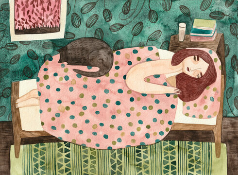 Watercolor painting of a girl sleeping in a big with a cat on top of her