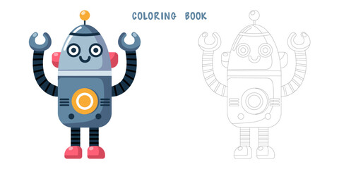Coloring book of cheerful funny cartoon children's robot. Coloring page of cute cyborg, futuristic modern bot, android, smiling character in flat vector illustration isolated on white background.