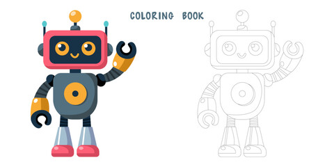 Coloring book of cheerful funny cartoon children's robot. Coloring page of cute cyborg, futuristic modern bot, android, smiling character in flat vector illustration isolated on white background.