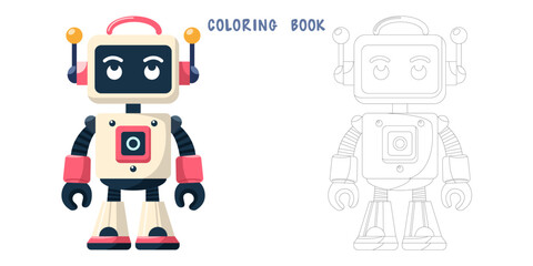 Coloring book of cheerful funny cartoon children's robot. Coloring page of cute cyborg, futuristic modern bot, android, smiling character in flat vector illustration isolated on white background.