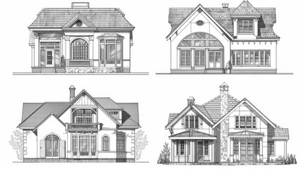 Fototapeta premium Four detailed architectural drawings of different house designs, showcasing front views with intricate details, isolated on white. Perfect for architectural presentations and design concepts.