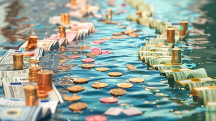 symbolic image of a flowing river of coins and banknotes, with budget categories marked on the banks, illustrating cash flow management