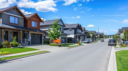 Naklejka premium Sunny suburban street with neatly lined houses and green trees, under a clear blue sky.