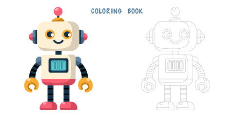 Coloring book of cheerful funny cartoon children's robot. Coloring page of cute cyborg, futuristic modern bot, android, smiling character in flat vector illustration isolated on white background.