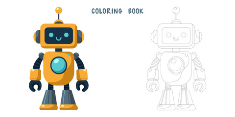 Coloring book of cheerful funny cartoon children's robot. Coloring page of cute cyborg, futuristic modern bot, android, smiling character in flat vector illustration isolated on white background.