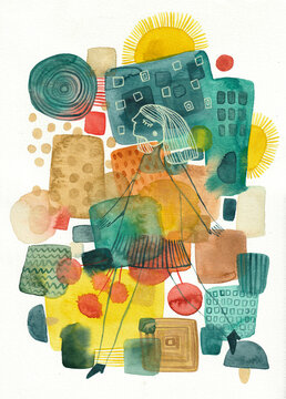 A handmade watercolor painting of a girl walking with cubism influence