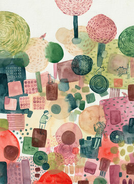 A handmade watercolor painting of a city and a park with cubism influence