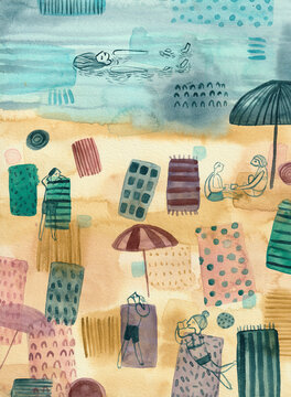 A handmade watercolor painting of a beach with cubism influence