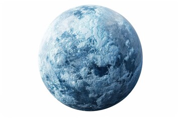 An abstract, blue textured sphere resembling a frozen planet or ice composition, set against a plain white background.