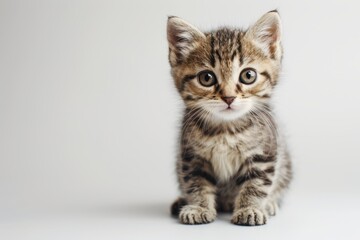 Obraz premium Cute tabby kitten sitting and looking curiously at the camera, isolated on white background.