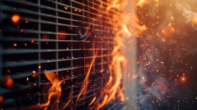 Air conditioning unit surrounded by intense flames and thick smoke, symbolizing overheating and danger.