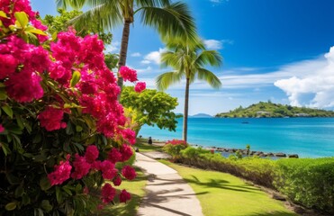 Colorful flowers and palm trees beside a scenic coastal pathway and ocean