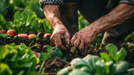 Fototapeta premium Close-up of a farmer's hands planting a small vegetable seedling in the soil, surrounded by green leafy plants. Sustainable farming concept.