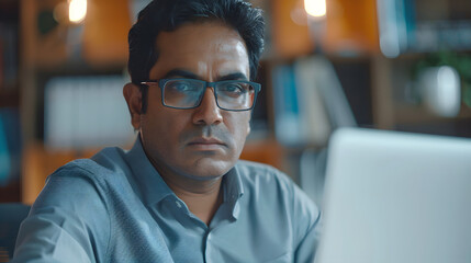 Obraz premium Serious thinking businessman inside office at workplace, mature Indian man in shirt working on laptop, programmer in glasses thinking about solving technical problem