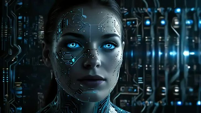 AI humanoid woman with glowing blue eyes with data code neural behind her, animated wallpaper video loop 