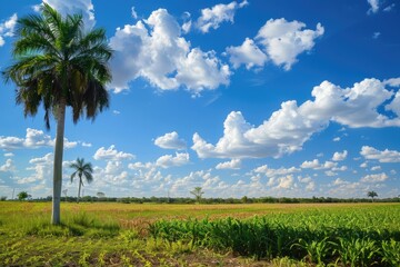 Florida Land. Beautiful Palm Tree Landscape with Blue Skies and Agricultural Beauty