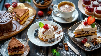 Creative composition with coffee and desserts on wooden table. Appetizing dishes, aesthetic arrangement, warm tones. 