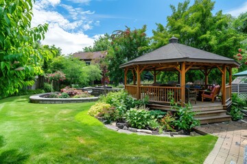 Gazebo Pergola. Luxurious Wooden Gazebo in Lush Garden Setting