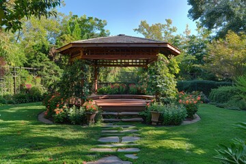 Gazebo Pergola. Luxury Wooden Gazebo in Lush Garden Setting of Elegant Home