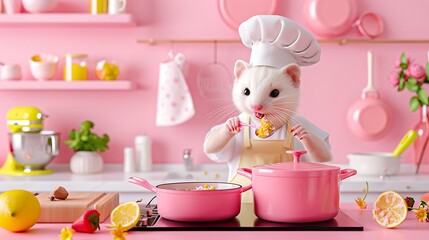 Adorable 3D Ferret Chef Cooking In Pink Kitchen
