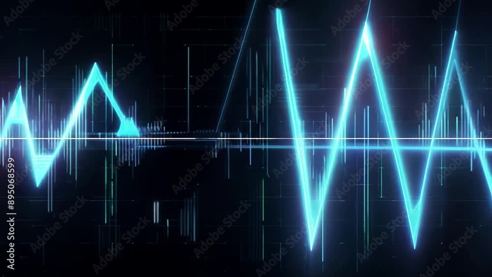 Poster A blue waveform with vertical lines pulses in the center of a black background. The waveform has a subtle white line in the center.