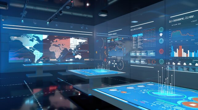 virtual reality setup in a financial tech lab where users can interact with 3D market analytics and simulations