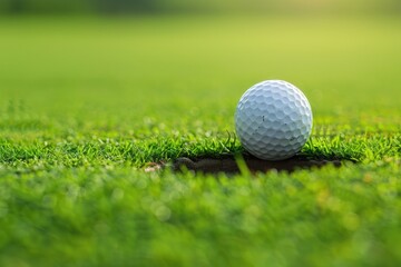 Fototapeta premium Golf Ball Cup. White Golf Ball on the Green Course by the Lip of the Cup