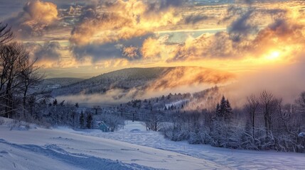 Maine Winter: Sunset Skiing Adventure in Snowy Mountains with a Dramatic Cloudy Sky