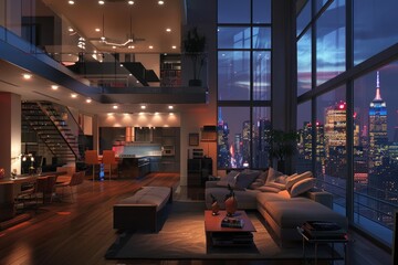 Penthouse View. Modern Interior Design of Luxury Apartment in New York City with Cinematic Night Lighting